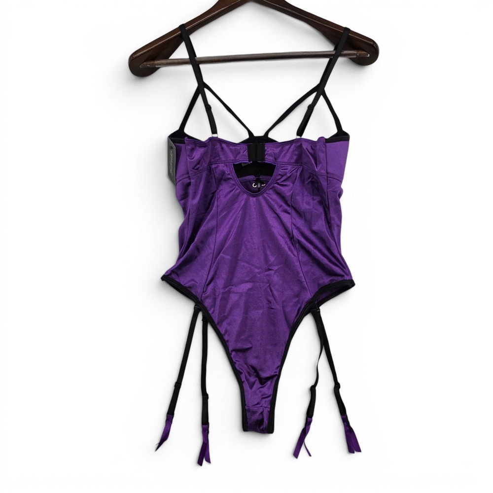 Vintage Frederick's Hollywood Delta Gia Teddy Bodysuit Purple Lace Up NWT Large - Picture 4 of 6